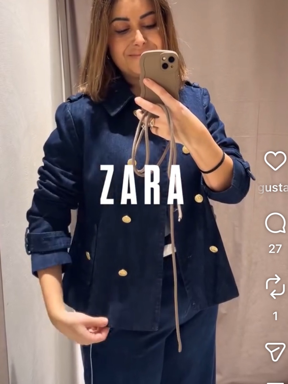 ZARA Navy Double-Breasted Pea Coat with Gold Buttons